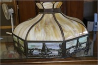 Large Slag Glass Lamp Shade with Tan, Brown, Blue