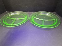 2 Uranium Glass 3 Segment Dinner Plates10"