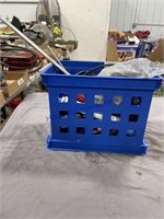 BLUE PLASTIC CRATE--DRILL DOCTOR, BAR CLAMPS,