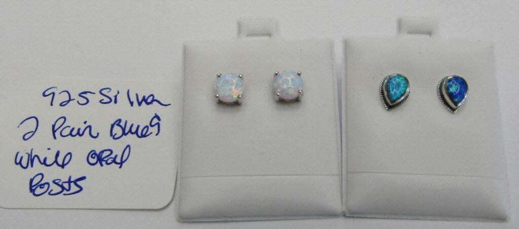 925 Silver 2 Pair Blue & White Opal Post Earrings