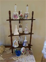 3 tered shelf and paperweight- 9 bells,1 crystal,