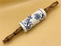 Vtg. Miessen Blue Onion Wood+Porcelain Rolling Pin