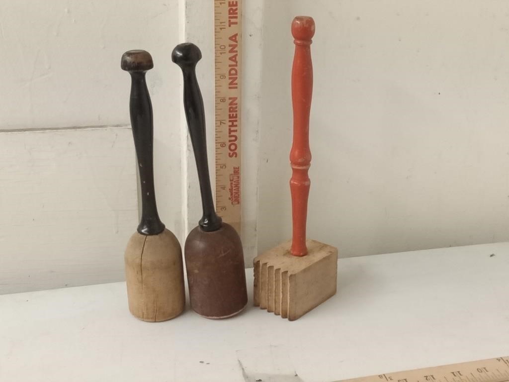2 old wood mashers + wood mallet