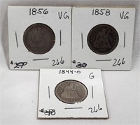1844-O, ’56, ’58 Quarters G-VG