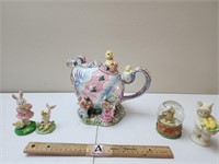 Easter Tea Pot, Figurines, & Snow Globe