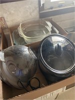 2 boxes , fire king cookware, slow cooker, and