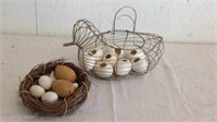 Wooden and ceramic eggs with metal hen basket