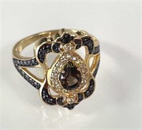 Ring Sz 9.5 Smoky Quartz, Topaz Gold Tone .925