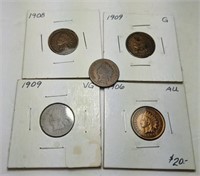 Lot of 5 Indian head pennies, 1908, 1909, and