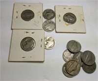 6 no date Buffalo nickels and 7 1938-39 Jefferson