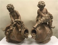 Lot of 2 Red Clay Cherub Statues on Water Vases