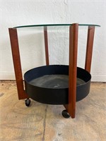 Glass and Teak Rolling Side Table