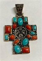 Sterling Turquoise and Coral Pendant