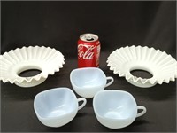 2 Milk Glass lamp collars and 3 Jadeite tea cups