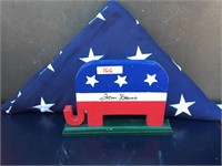 Signed Wooden Republican Elephant and Folded Flag