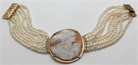 14k Gold & Cameo On Pearl Bracelet