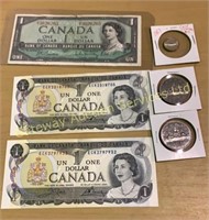 Canadian 1 Dollar Bills, 1972, 1979 Dollar Coins,