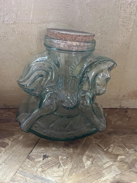 Vintage Aqua Glass Rocking Horse Jar