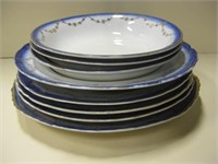 8 Pieces Blue w/ Gilt Trim Bowls & Plates