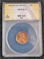 1939-S Lincoln Wheat Cent Penny coin ANACS MS64