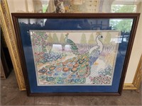 Vintage Crewel Embroidery Peacock Framed Linen