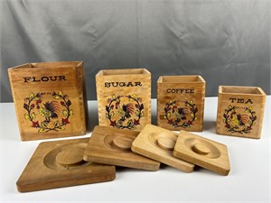 Vintage wooden Rooster nesting canisters boxes