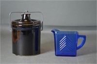 Stoneware Cheese Holder and Blue Glass Creamer