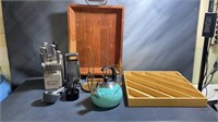 Wooden Serving Tray, Knives, Teapot, Measure Cups