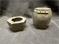 PEWTER AND BRASS TEA CADDY AND ASHTRAY