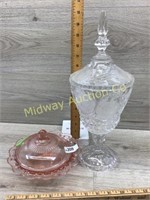 PINK BOWL WITH LID/ CRYSTAL COMPOTE WITH LID