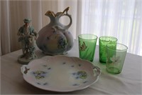 ASSORTED GLASSWARE & PAINTED PORCELAIN