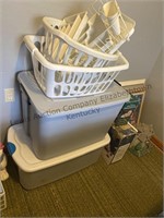 White laundry baskets, large gray tote, large