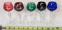 6- Colored Clear Cut Wine Goblets 5.25"t
