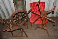 Lot: 2 upholstered chairs, tiger oak yarn winder,