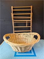 Wicker laundry basket & small wooden drying rack