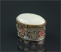 Chinese Silver Cloisonne Cosmetic Box Jade Cover