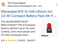 Milwaukee  M12 12-Volt Lithium-Ion 2.0 Ah