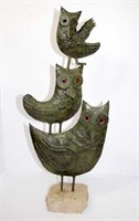 Three Stacked Cast Metal Owls in