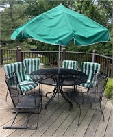 54" Wrought iron patio table, 6 chairs, umbrella
