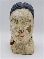 Carved wooden painted figural head, possibly a