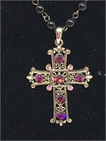 2" Rhinestone Cross on ebony black beads