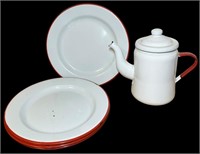 Enamel Coffee Pot and Plates