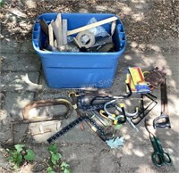 Tote of Misc. Tools; Hooks, C-Clamps, Saws & More