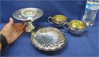 2 silver plated nut dishes & creamer-sugar set