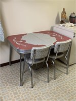 RED FLOWER DESIGN TABLE AND 2 MATCHING CHAIRS