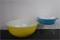 Vintage Colored Pyrex, Large Yellow Bowl & Blue