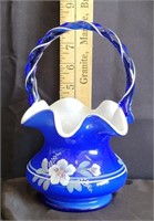 Fenton Blue Cased Glass Hand Painted Basket