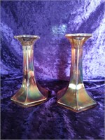 Amber glass vintage candle holders set