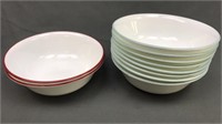 8 Green, 2 Red Trimmed Corelle Bowls