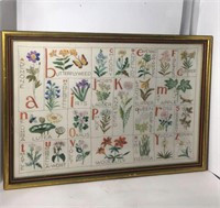 Vintage Needlepoint Sampler Alphabet Flowers U15E